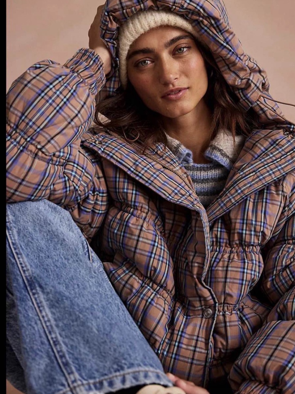 Free People Beige Plaid Puffer Jacket